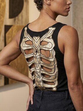 VTG Teenage Runaway Women's Size S Embellished SKULL Black Cut Out Racerback Top